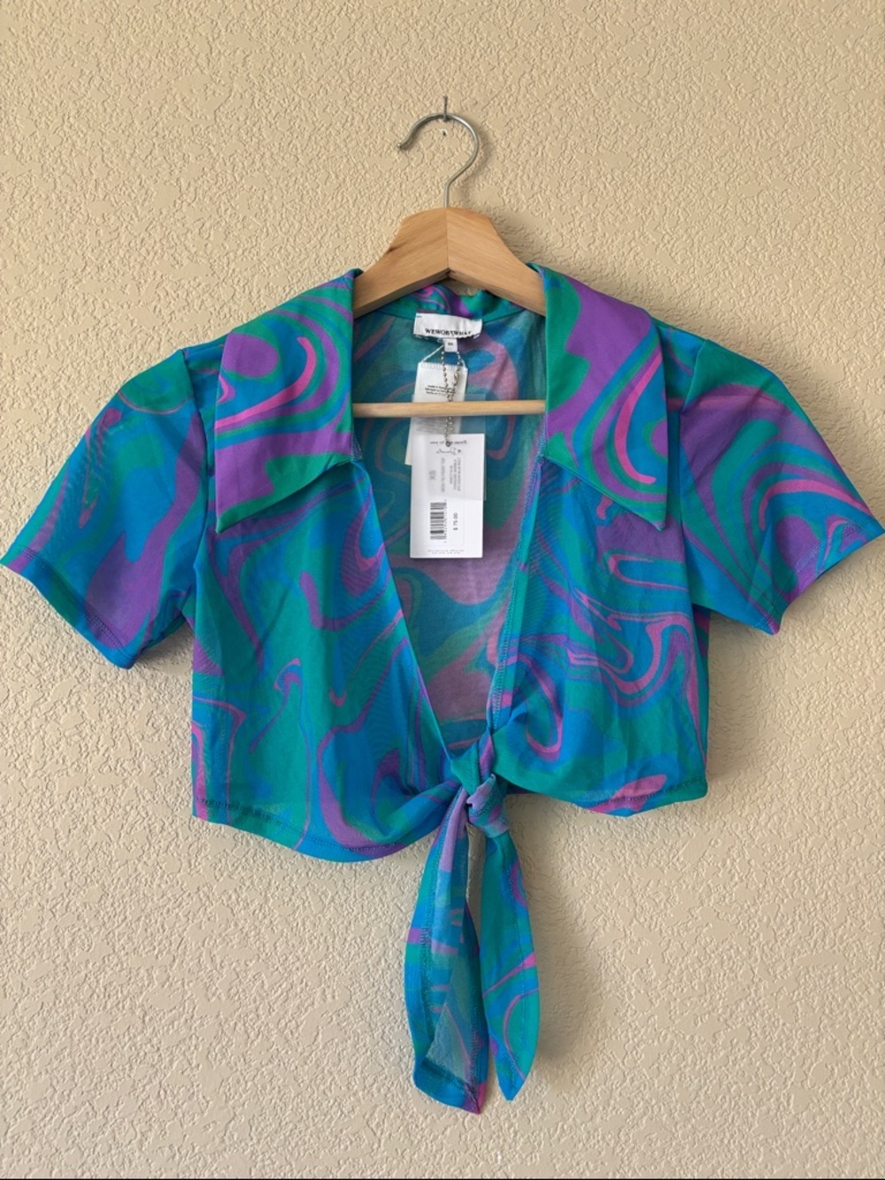 WeWoreWhat Mesh Paradise Marble Tie-Front Top With a Sheer Fabric